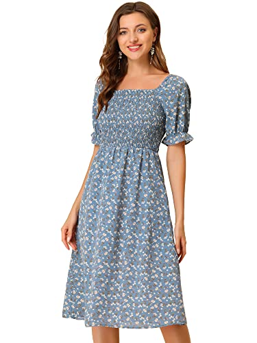 Image of Allegra K Women's Cottagecore Floral Dress Puff Sleeves Smocked Midi Dresses