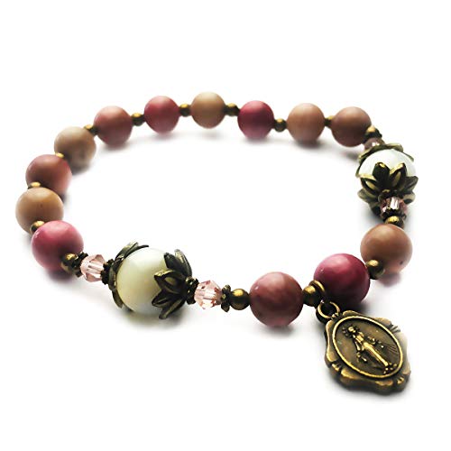 Pink Rhodonite and Mother of Pearl Stone Catholic Rosary Bracelet for Women with Virgin Mary Our Lady of Graces Medal Charm - Catholic Gifts Women