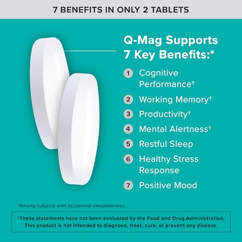 Image of Qunol Q-Mag Magnesium L-Threonate Tablets, 2000mg of Magtein to Help Support Cognitive Performance, Improve Mental Alertness & Productivity, Supports Restful Sleep, High Absorption, 60 Count