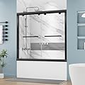 DELAVIN 56-60 in.W x 59 in.H Semi-Frameless Double Sliding Tub Shower Door, Water Repellent Bypass Black Tub Door with Towel Bar, SGCC Clear Tempered Bathtub Door with Explosion-Proof Film