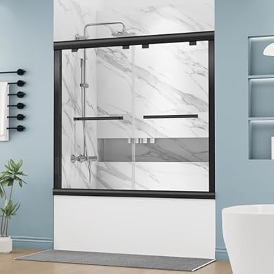DELAVIN 56-60 in.W x 59 in.H Semi-Frameless Double Sliding Tub Shower Door, Water Repellent Bypass Black Tub Door with Towel Bar, SGCC Clear Tempered Bathtub Door with Explosion-Proof Film