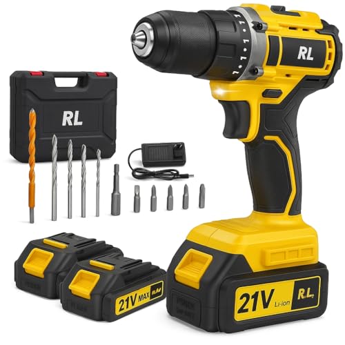Taladro Percutor a Bateria, 21V Destornillador Electrico, 45Nm Atornillador, 2x2.0Ah Baterías, 25+3 Ajuste Par, 10mm Portabrocas Metálica, 2 Velocidad, 27 Accesorios Cordless Drill, LED Luz