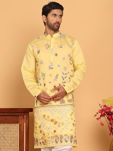 Image of Jompers Floral Embroidered and Sequins Kurtas (Yellow, 4XL)