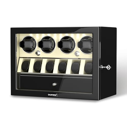 Image of DUKWIN Watch Winder for Automatic Watches, White Lockable Watch Winders with Extra Watch Storage, Jewelry Storage, 4 Rotation Modes, LED Light, Super Quiet Mabuchi Motor and Spring Watch Pillows
