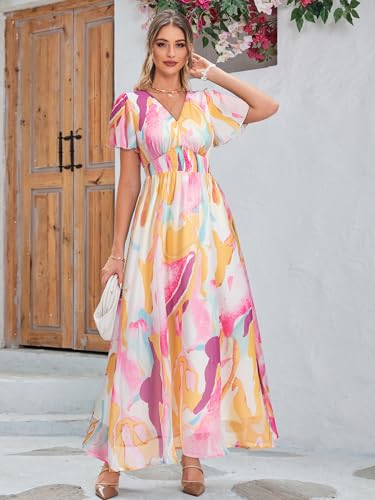 Image of Simplee Women's Boho Floral Maxi Dress Flowy Casual V Neck Short Sleeve Wedding Guest Holiday Beach Long Dress