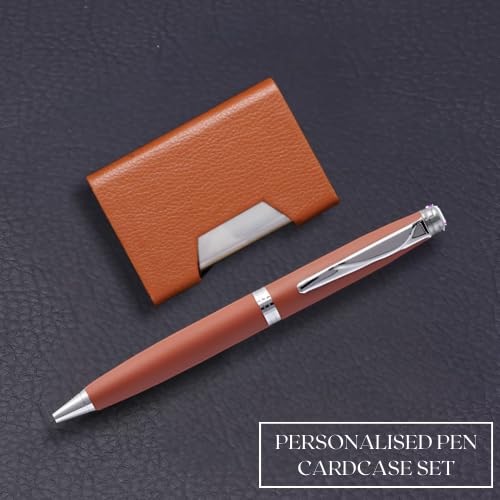 Image of 2-in-1 Card Holder and Metal Pen Gift Set, Black Leather Steel Business Card Case, Corporate Gift Set (Tan)