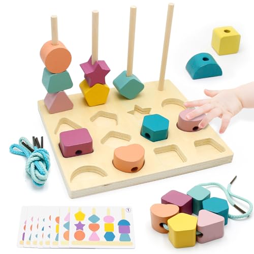 Brinquedo Montessori 3 em 1 para crianças a partir dos 3, 4 e 5 anos, inclui conjunto de encaixar, conjunto de enfiar e blocos de construção conjunto de classificação, brinquedo de motor, brinquedo de