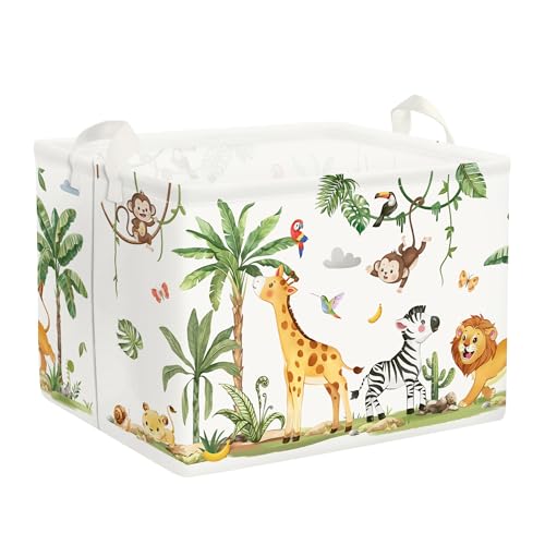 Image of Clastyle Tropical Jungle Animals Baby Laundry Hamper Palm Tree Kid Storage Basket Boys Girls Gift Toy Box Collapsible Clothes Organizer Nursery Bin for Bedroom,Giraffe Zebra,40 * 30 * 30 cm