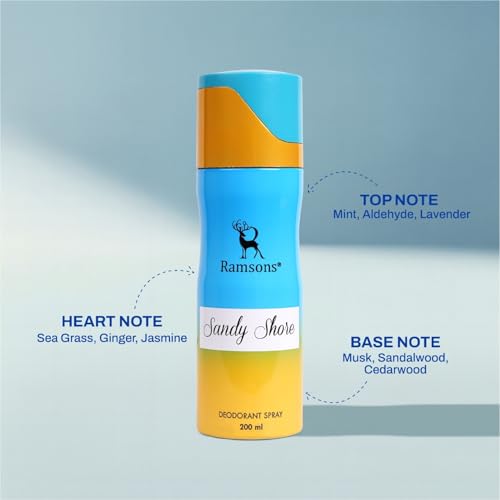 Image of Ramsons - SANDY SHORE Deodorant Spray | 200 ML | Body Perfume For Women | TN - Mint, Lavender, Bergamot, Mandarin orange, Lemon | MN - Sea grass, Ginger, Jasmine, Rose | BN - Musk, Sandalwood, Cedar