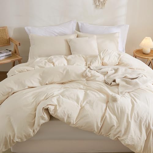 Litanika Cotton Duvet Cover Queen Beige - Linen Like Textured Duvet Cover Queen Size, Soft and Breathable Queen Bedding Duvet Cover Set for All Season (Queen, 90\"x90\", Comforter Not Included)