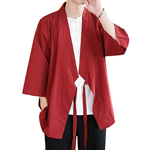 Image of Men's Chinese Style Linen Cardigan Jacket loose kimono Jacket Solid Color Self-tie Hanfu Traditional Clothing