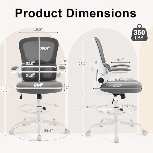 Image of Karl home Ergonomic Drafting Chair, Grey | Lumbar Support, Flip-Up Armrests, Adjustable Height Footrest Ring, Breathable Mesh, Tall Swivel