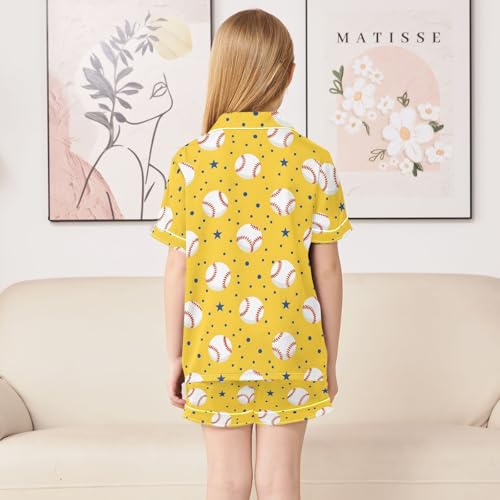 Baseballs Yellow Pattern Summer Satin Pajama Set, Cute Button-Down Sleepwear Pj Set for Sleep Wears4