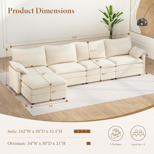Image of Vesgantti 142 inch Cloud Couch Sectional Modular Sofa, Comfy Sectional Couch with Ottoman Deep Seat Corduroy L Shaped Sofa, Modular Couches for Living Room, Bedroom and Apartment, Beige