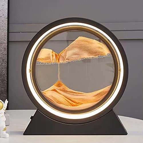DZAY Lampe Peinture Sable Qui Coule, Cadre Sable Mouvant Dynamique, Art de Sable en Mouvement en Verre Rond, Sablier 3D Rotation à 360°, 3 Modes d'éclairage, Batteries ou USB pour Cadeaux Décoration