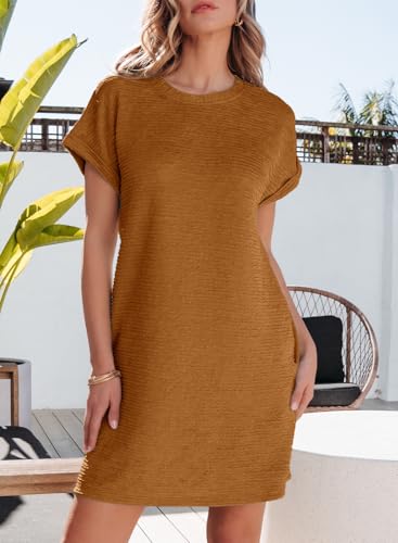 Image of EVALESS Womens Summer Dresses 2026 Fashion Short Sleeve Cute Spring Mini Dress Crewneck Casual Beach Vacation Dresses
