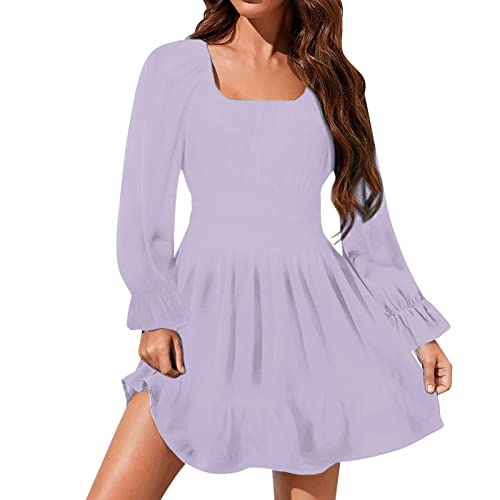 Generisch Vestido de mujer sexy de manga larga sin espalda estrecha de gasa con escote cuadrado con volantes vestido de mujer con lentejuelas, morado, S