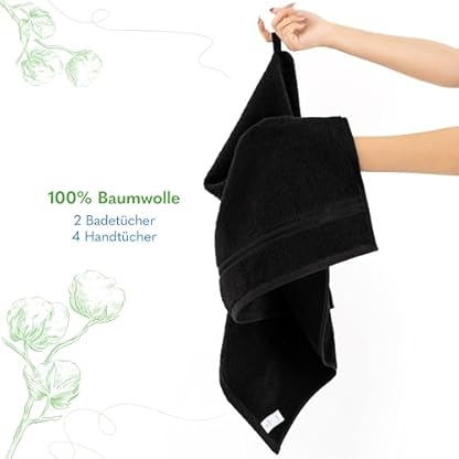 Hammetex 6 teiliges Handtuch Set, 100% Baumwolle Weich Saugstark Qualität Handtücher Set, 2 Badetücher 70x140 cm, 4 Handtücher 50x100 cm, Schwarz – Bild 6
