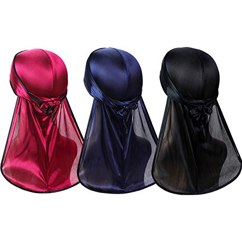 3PCS Premium Soft Men Durag Headwraps with Extra Long Tail and Wide Straps for 360 Waves
