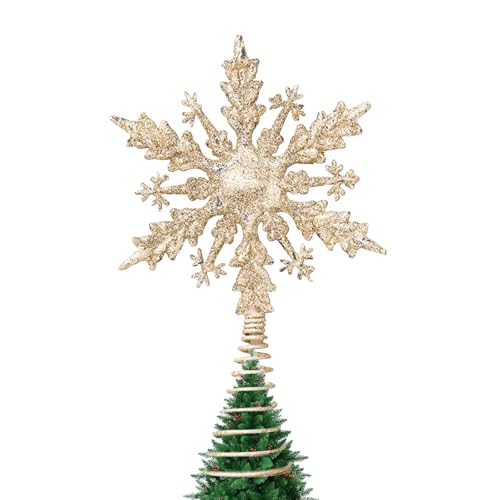 Christmas Tree Topper Snowflake Style Treetop Xmas Tree Topper Glittered Tree-top Star Christmas Tree Ornament for Christmas Tree Home Decoration (Gold)