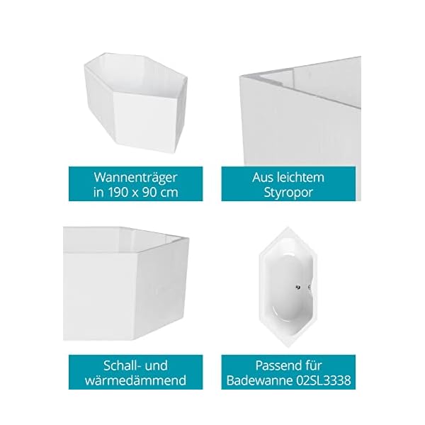 Calmwaters® Wannenträger 190 x 90 cm Exclusive, Passend für Sechseck-Badewanne 190x90 cm, Styroporträger, Schall- und wärmedämmend, Direkt verfliesbar, Badewannenträger in Weiß, 03AX3364 – Bild 3