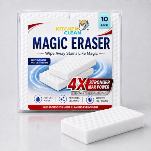 Image of Kitchen Clean Magic Eraser Sponge Pack of 10, 4X Stronger Melamine Cleaning Sponge, 100+ Uses, All-in-One Home Cleaning for Walls, Bathroom, Kitchen, Floor, Glass & Stain Removal
