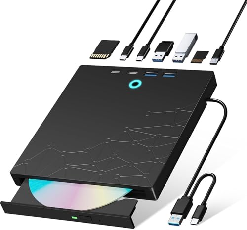 External CD/DVD Drive for Laptop PC, 8-in-1 LED USB 3.0 CD Burner CD Reader for Laptop, Portable DVD Player with SD/TF Card Slots, DVD Drive Usb External Optical for MacBook Windows 11 10 Linux OS