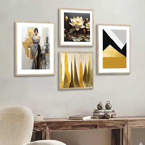 Image of kotart Premium Paintings with Frame for Home Decoration - Modern Art Black and Golden Painting for Living Room Bedroom Office Wall Decoration - Pack of 4 (Art 3, Small (10x13 or 10x10 inch))