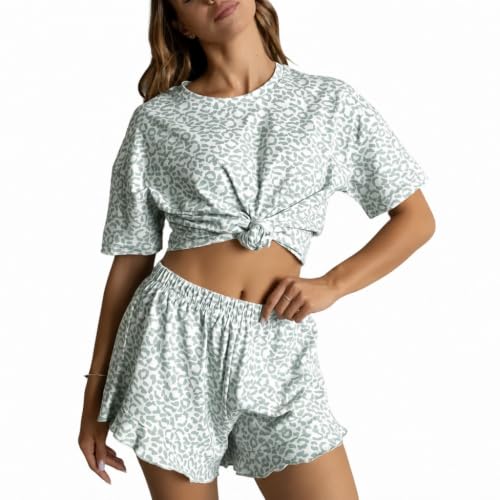 Image of Pajama Set for Women Short Sleeve Tops and Ruffle Shorts Leopard Print Sleepwear Soft Lounge Set 2 Piece Pj Sets