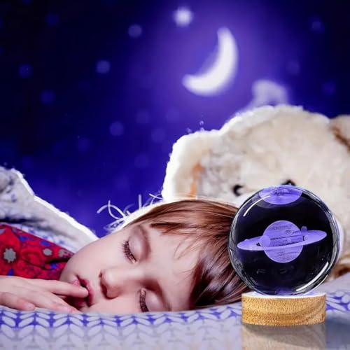 Image of 2 Pcs 3D Saturn & Moon Crystal Ball Lamp with Wooden Base, USB Powered RGB Crystal Night Light, Celestial Planets Edition, Perfect for Creating a Dreamy Atmosphere.
