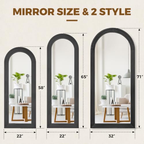 Image of 58x22 Arched Full Length Mirror, Solid Wood 3 Layer Frame, Black