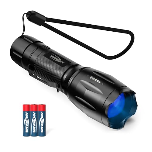 ANSMANN Taschenlampe, UV-Lampe, LED-Leuchte, 400nm, stufenlos fokussierbar, 4 Lichtmodi, für Sauberkeitskontrolle, Bernsteinsuche, Ködersuche beim Angeln, Schwarz