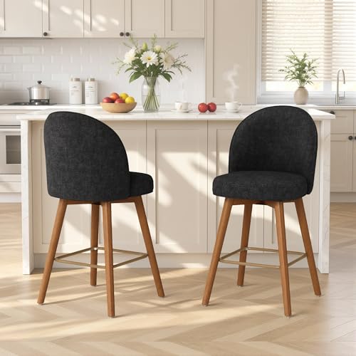 Image of Modern Swivel Bar Stools Set of 2, Chic Upholstered Counter Height(26IN) Bar Chair with Back, Solid Wood Legs and Footrest, Comfortable Chenille Bar Stool for Kitchen Island, Charcoal Black