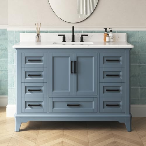 DELUXE LIVING 48 Inch Bathroom Vanity with Sink, Modern Steel Blue Bathroom Cabinet with Soft Closing Doors & Dovetail Drawers, Quartz Countertop, No Assembly Required