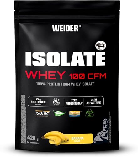 Weider Isolate Whey 100CFM (420g) Sabor Banana. 100% Aislado de Proteína de Suero de Leche, 25g Proteína/porción, Con Enzimas, Sin Azúcar Añadido, Sin Aspartamo, Bajo en Grasa