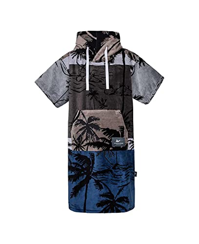 ATLANTIC SHORE | Surf Poncho | Badeponcho mit Kapuze aus 100% Baumwolle | Unisex | Palm Tree für Erwachsene in Navy Blue/Grey | Long (ab 175 cm)