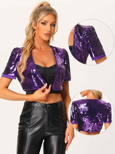 Image of Allegra K Sequin Cardigan for Women Puff Sleeve Open Front Jacket Sparkly Glitter Cropped Shrug Bolero