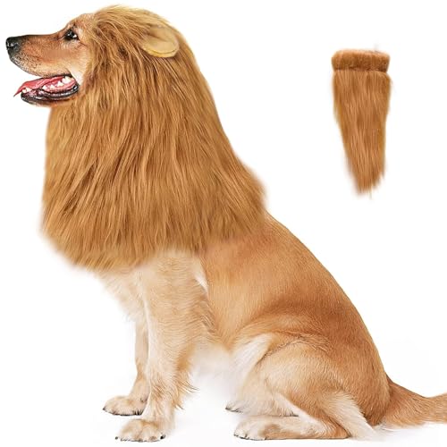 Soft Realistic Dog Lion Mane Costume with Ears for Medium to Large Dogs, Funny Adjustable Pet Wig Headwear for Halloween, Birthday, Photoshoot, Cosplay Dress Up Apparel, and Cold Weather Wear