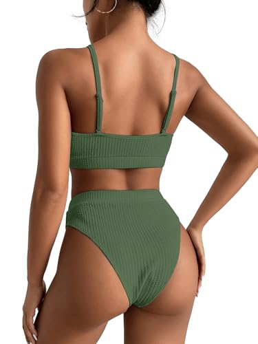 Image of Lilosy High Waisted Tummy Control Ribbed Bikini Crop Top Brazilian Swimsuit Set 2 Piece
