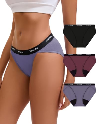 INNERSY Womens Bikini Period Underwear Cotton Menstrual Leakproof Panties 3-Pack(Charcoal Blend Medium)