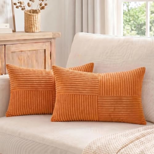 Image of Fancy Homi 2 Packs Burnt Orange Lumbar Decorative Throw Pillow Covers 12x20 Inch for Living Room Couch Bed Sofa, Farmhouse Boho Home Decor, Soft Striped Corduroy Rectangle Accent Cushion Case 30x50 cm