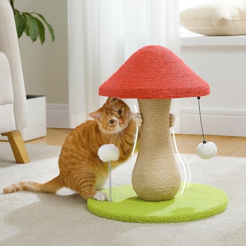 PAWZ Road 猫 爪研ぎ かわいい猫用つめとぎ キノコ おしゃれ 縦型 据え置き 全面麻紐 爪研ぎポール タマゴタケ しめじ 省スペース コンパクト 天然サイザル麻 おもちゃ ガリガリ 組立簡単 運動不足解消-高さ47cm 赤