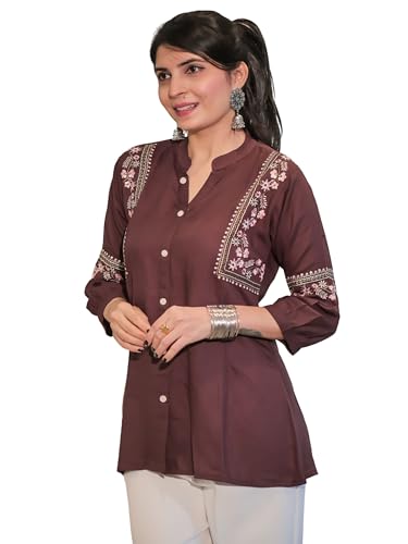 Image of Women's Viscose Rayon Embroidered A-Line Short Kurti Above Knee Regular Fit Tunic Top Office Wear Casual short kurti for women | office wear top | A-line kurti | raksha bandhan gift dress for women
