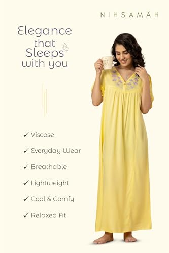 Image of NIHSAMAH Viscose Nighty for Women, Embroidered & Printed Stylish Night Gown, Long Sleeve Comfortable Sleepwear Long Nightwear, Maxi