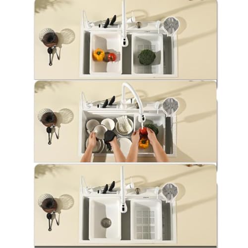 Fregadero de acero inoxidable blanco con grifo extraíble y lavavasos 4