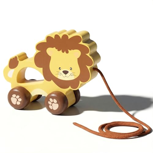 Image of Baby Toys Car,Wooden Pull Along Toddler Toy, Developmental Toy for 1 Year Old Girl Boy Birthday Gift (Lion)