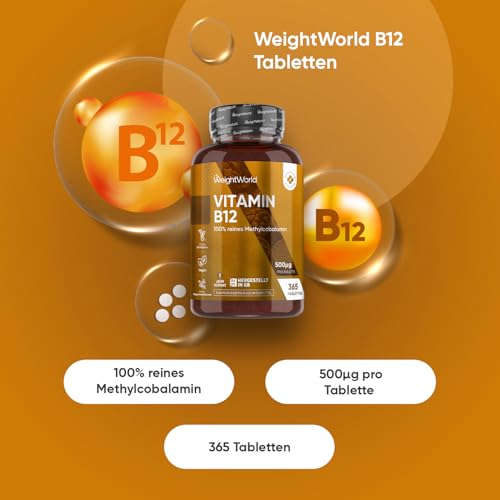 Vitamin B12-500mcg pro Tablette - 365 vegane Tabletten - 1 Jahr Vorrat - Reines Methylcobalamin - Vitamin B 12 trägt zur normalen Funktion des Nervensystems bei (EFSA) - Glutenfrei - WeightWorld
