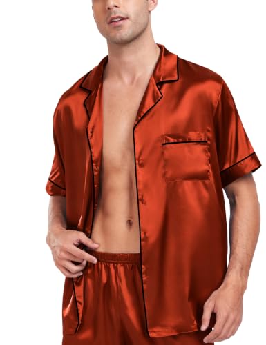 Image of SWOMOG Men Satin Silk Pajamas Sets Short Sleeve Sleepwear Button-Down PJs Sets Two-Pieces Loungewear with Pockets
