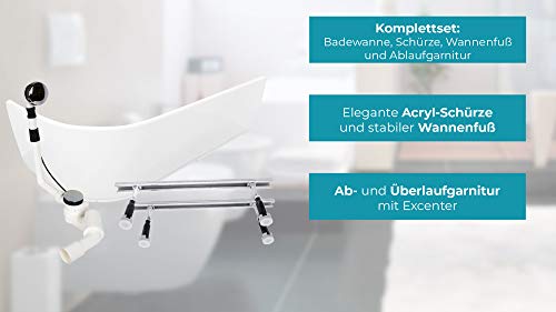 Calmwaters® Rechteck Badewanne Komplettset 180x80 cm mit Schürze, Wannenfüßen & Ablaufgarnitur, Acrylwanne Honest linkes Modell, Duowanne für 2, Set Badewanne komplett 180 x 80 cm Weiß, 99000049157