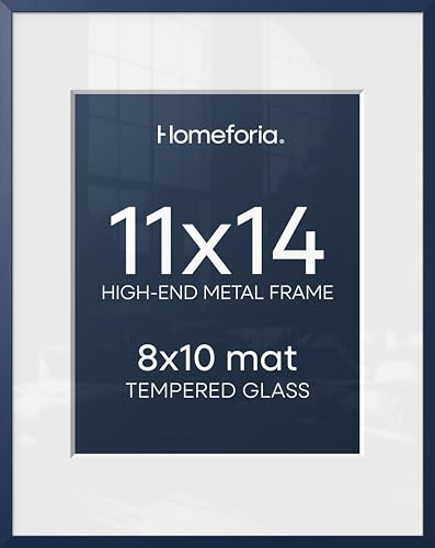 Image of Homeforia 11x14 Picture Frame Navy Blue, High End Metal 11x14 Wall Hanging Frame with Mat 8x10, 11 x 14 Poster Frame Matted to 8 x 10 inch Photo, 11by14 Thin Frames, Tempered Glass, Wall Kit, Set of 2